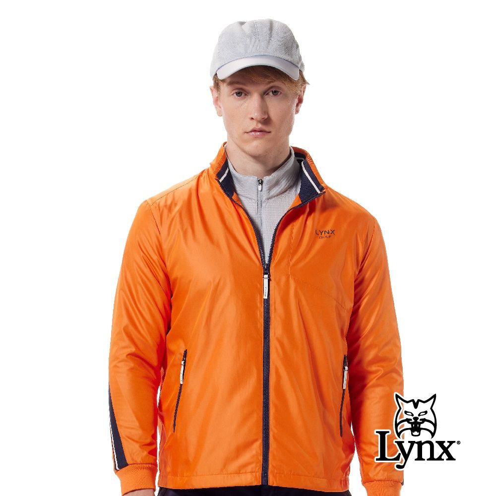 【Lynx Golf】男款保暖刷毛防風防潑水羅紋提織剪接造型拉鍊口袋長袖外套(三色) (橘色)