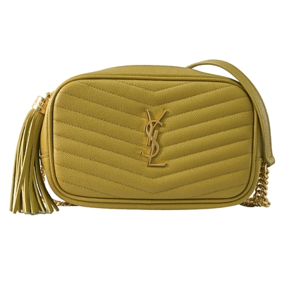YSL Saint Laurent聖羅蘭 YSL Saint Laurent MONOGRAM 金屬LOGO V型車線牛皮斜背相機包(芥末黃)