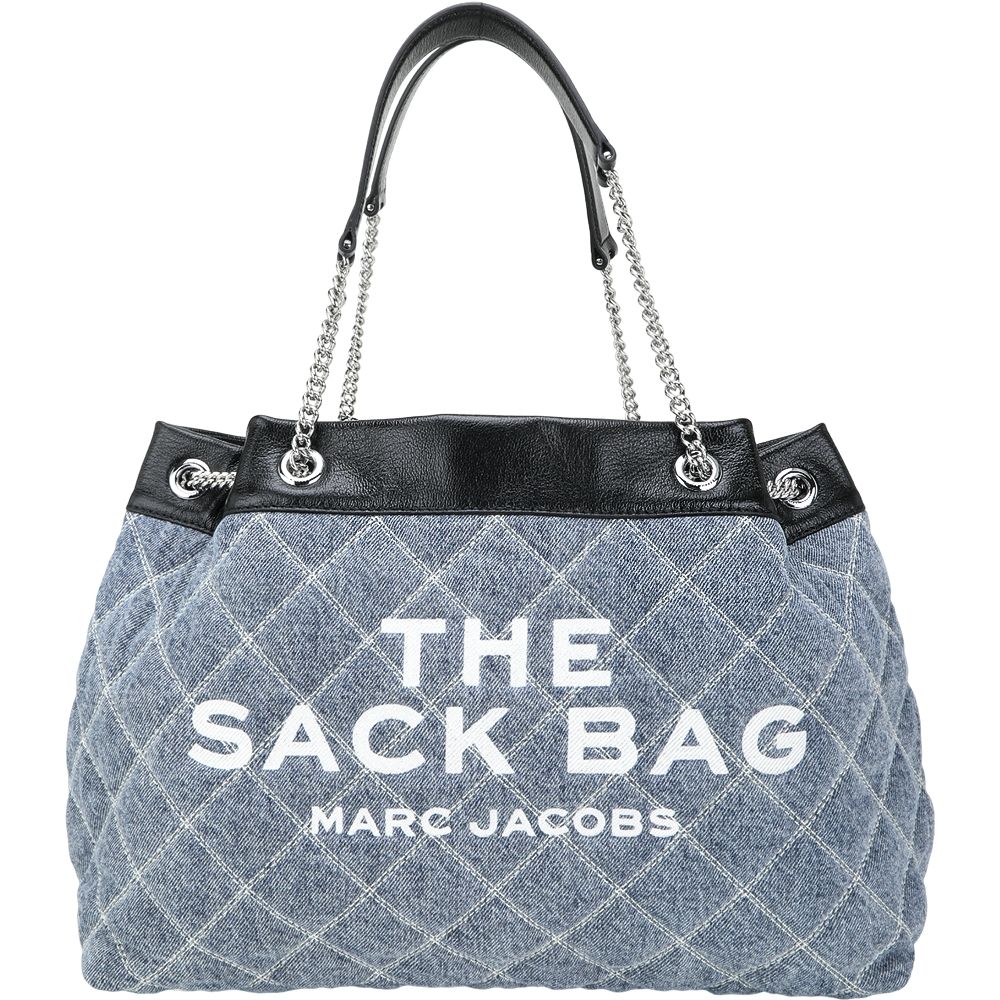 MARC JACOBS Denim 字母刺繡菱格縫線拼皮革雙鍊帶手提 肩背帆布托特包(牛仔藍)