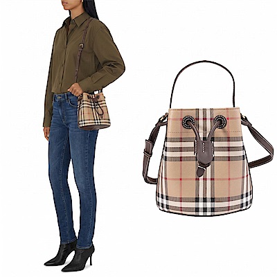 BURBERRY 格紋帆布束口手提斜背兩用包(米色/烏木色)