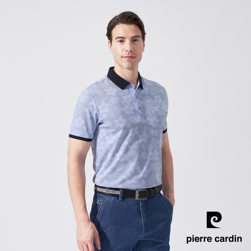 pierre cardin 皮爾卡登 男款 雙色網眼花朵印花短袖POLO衫-水藍色(5247256-35)