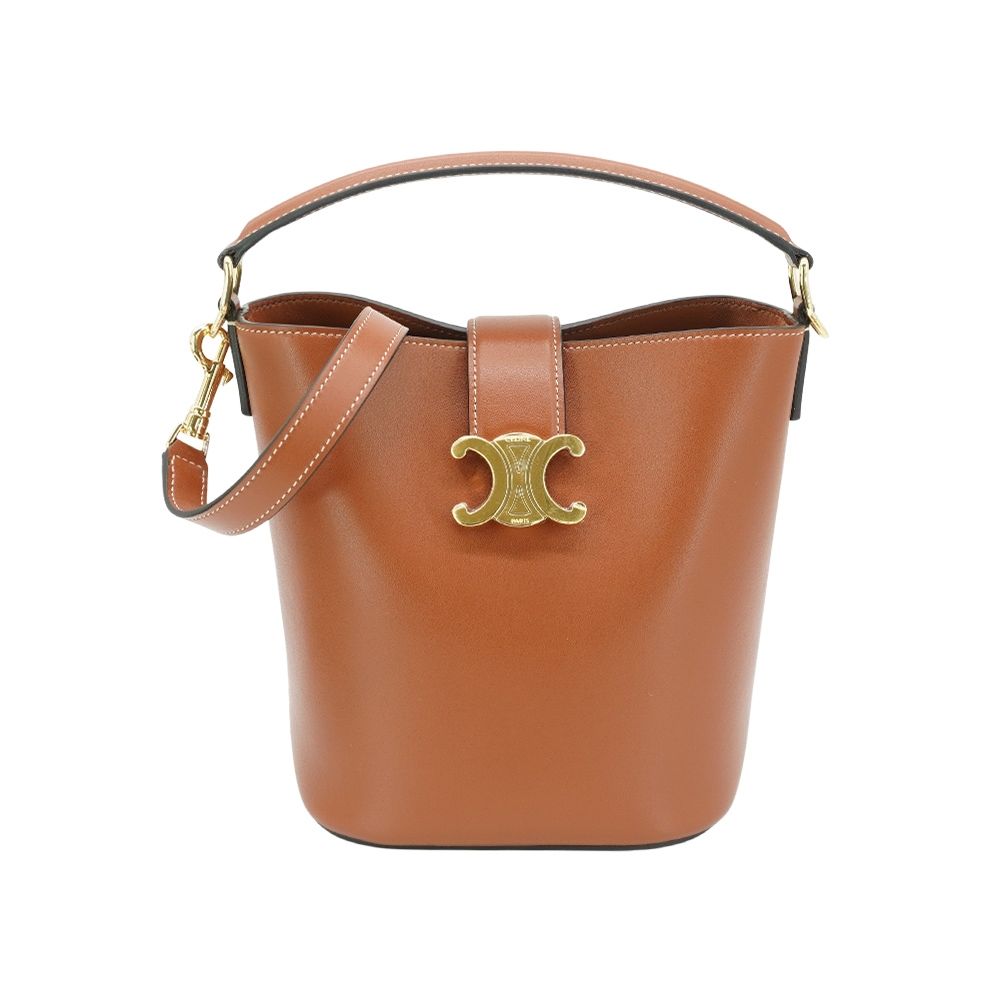 Celine 思琳 展示品 Louise 牛皮金釦凱旋門兩用水桶包-小(棕)