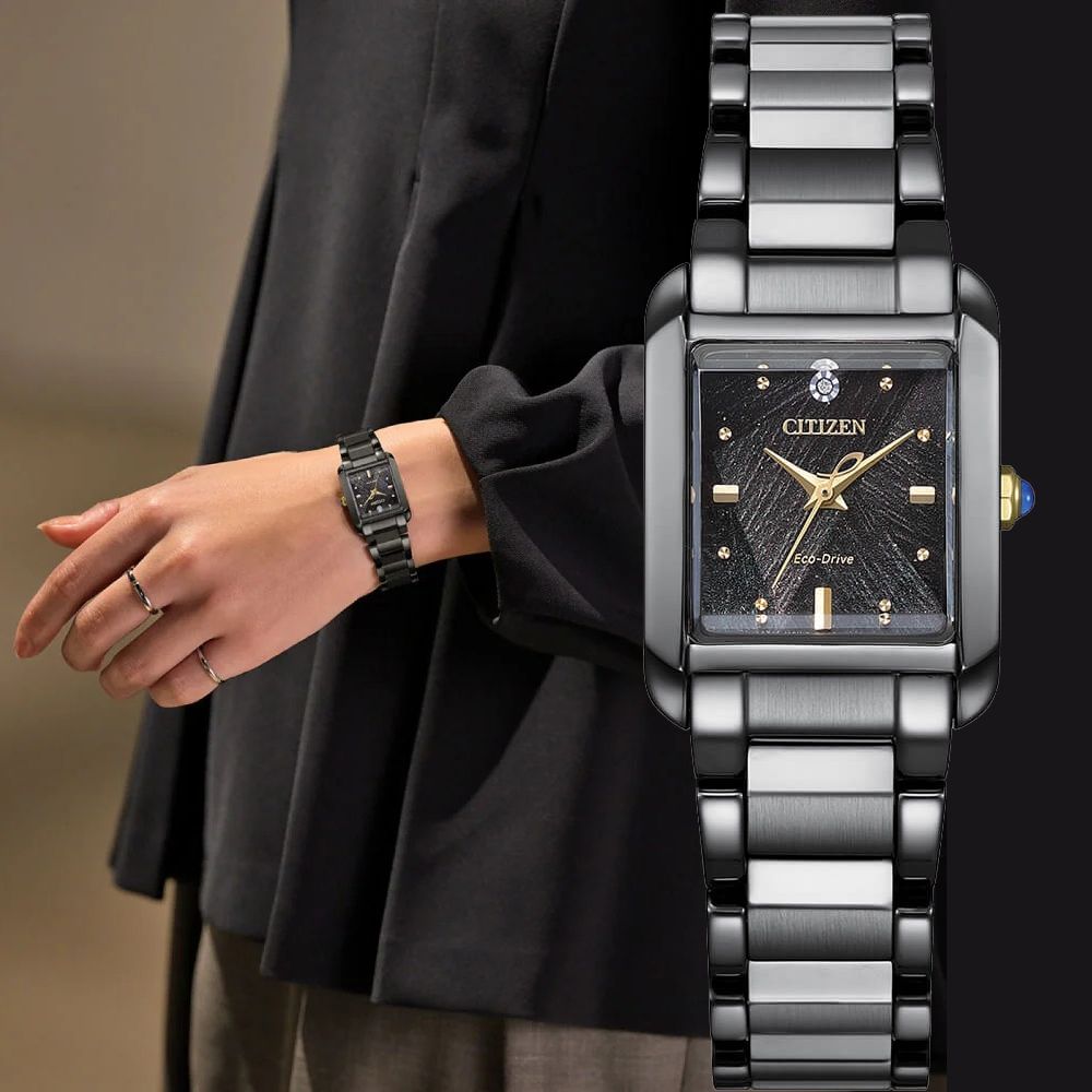 CITIZEN 星辰 LIGHT in BLACK 闇影之光 光動能50週年限量 典雅方形鑽石女錶 送禮首選 EW5636-55E