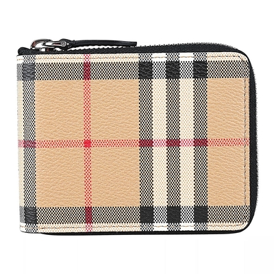 BURBERRY 格紋塗層帆布牛皮邊飾ㄇ字拉鍊零錢短夾(米x黑)