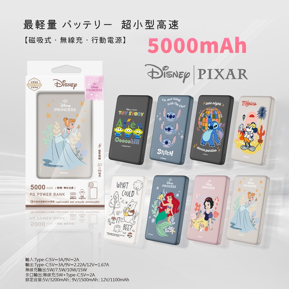 Disney迪士尼 20W PD超薄磁吸無線快充行動電源 5000mAh