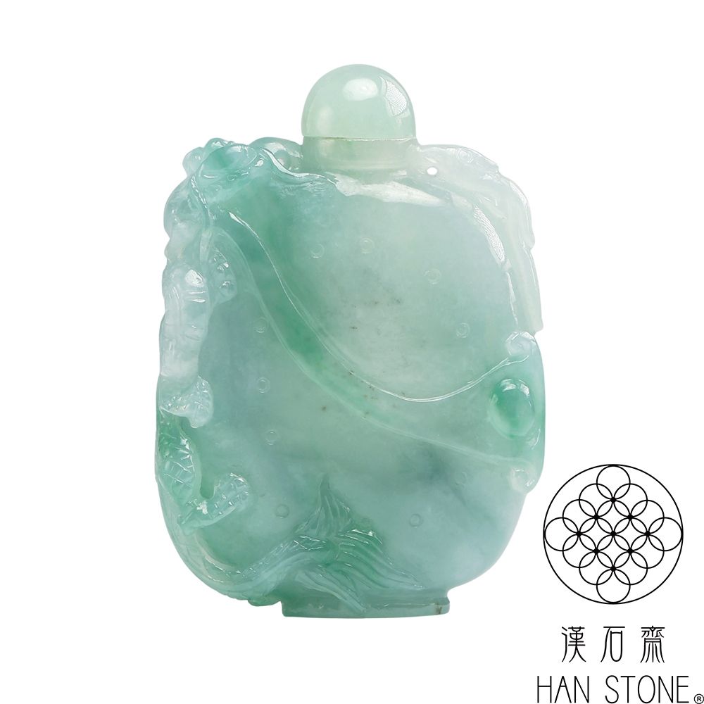 【漢石齋】天然翡翠A貨 龍蝙吉祥耳鼻煙壺 冰糯種藍水飄花(35*50*13mm)