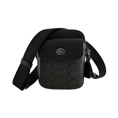 COACH 黑灰C LOGO PVC前扣袋斜背男包(小)
