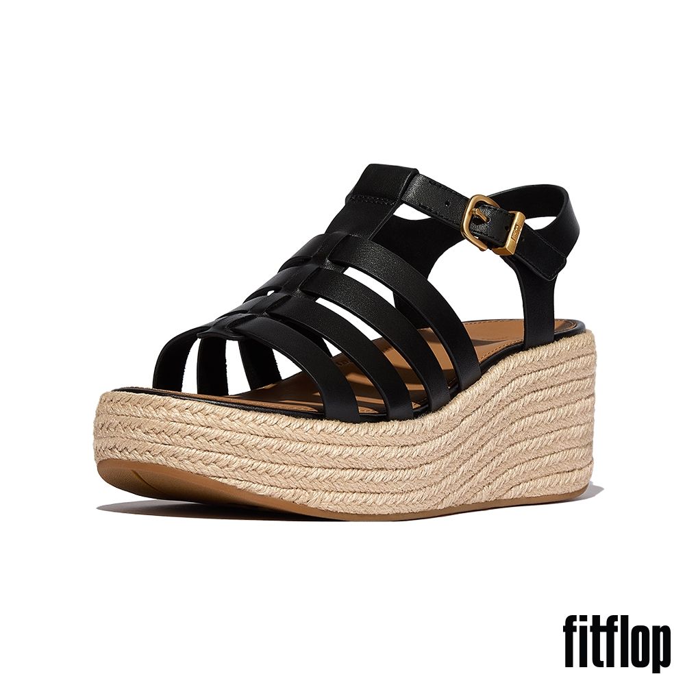 【FitFlop】PLATFFORMS 草編皮革漁夫楔形涼鞋-女(黑色) (黑色)