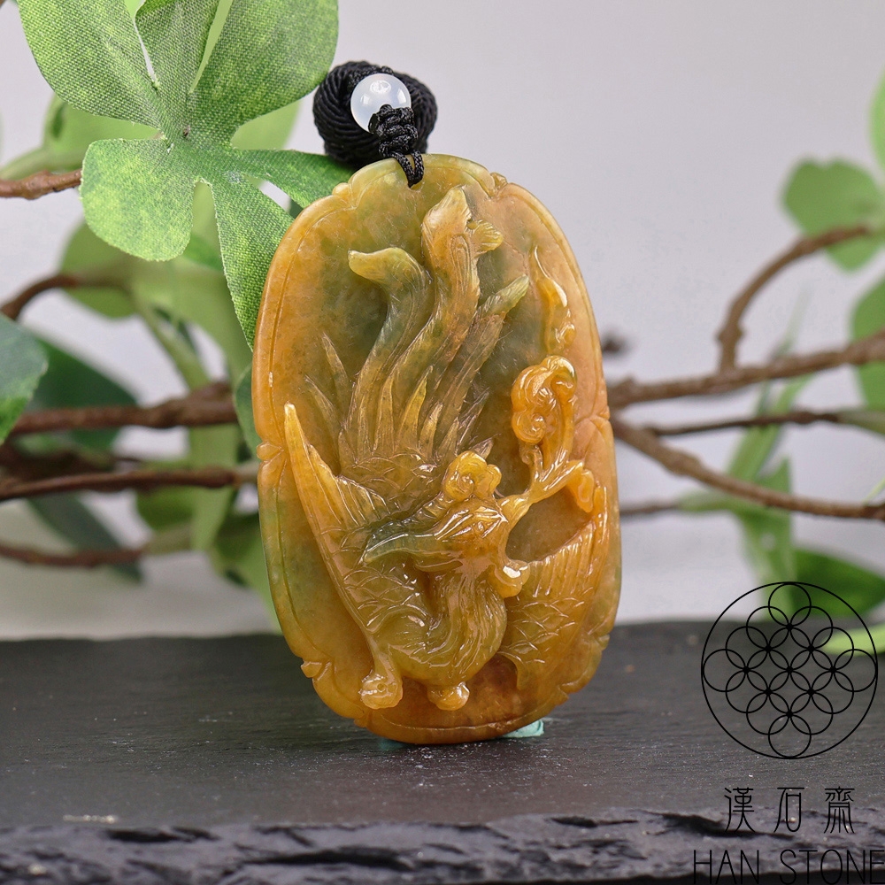 漢石齋】天然翡翠A貨鳳凰雙面雕玉佩吊墜皇家綠種(42*61*11mm) | 漢石齋