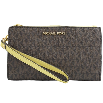 MICHAEL KORS Jet Set經典PVC對開雙拉鏈手掛中夾(深咖/黃)