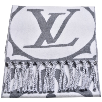 LOUIS VUITTON路易威登 LV M92857 Medallion系列Monogram織花羊毛流蘇圍巾(淺灰色)