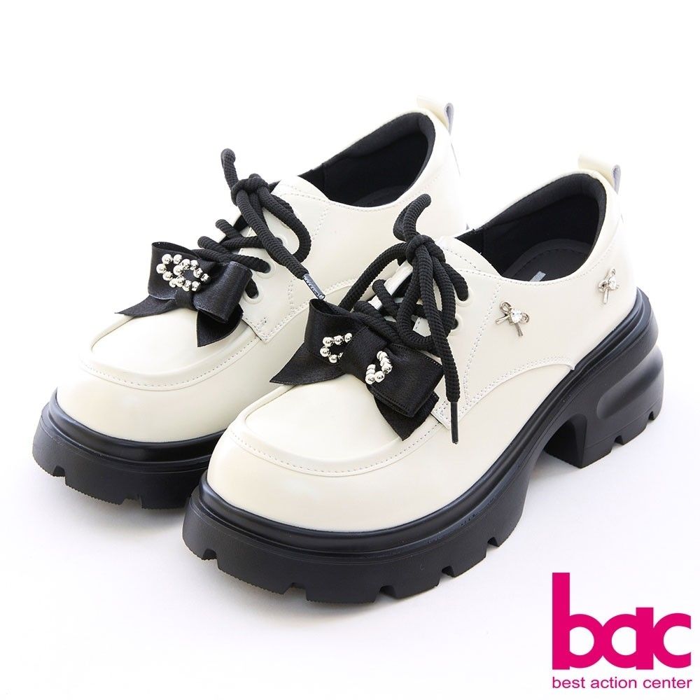 【bac】亮鑽蝴蝶結漆皮厚底樂福226-536-米白色