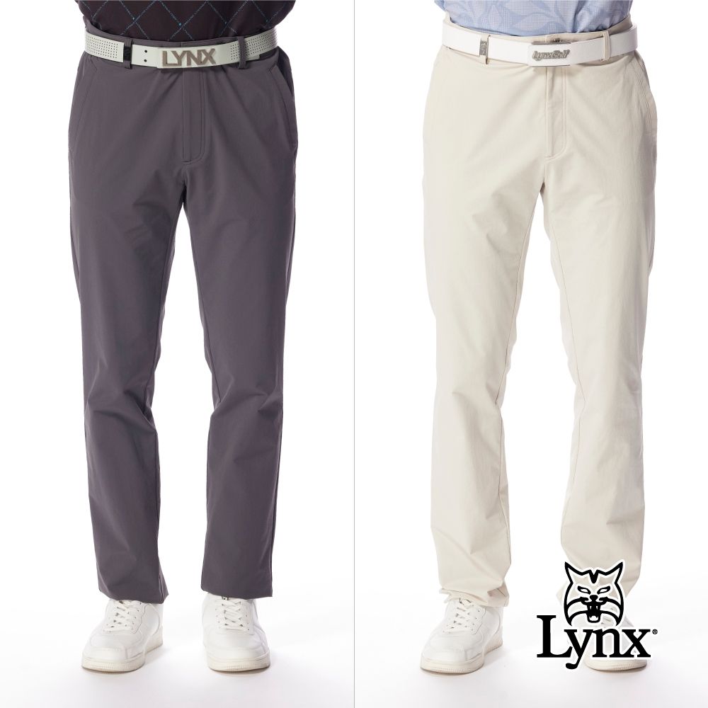 【Lynx Golf】男款四面彈性防風防潑水造型麂皮LOGO標休閒長褲(二色) (深灰色)