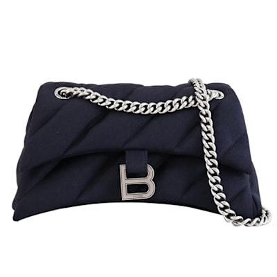 BALENCIAGA巴黎世家 BALENCIAGA CRUSH 金屬B LOGO絎縫布斜背鍊包/沙漏包(黑銀)