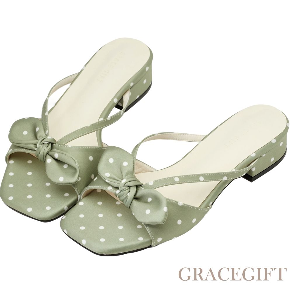 【Grace Gift】日雜感蝴蝶結寬帶低跟拖鞋 灰綠