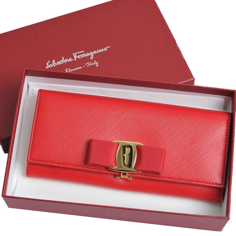 Salvatore Ferragamo 經典防刮牛皮蝴蝶結扣壓式長夾(紅色系/22B559