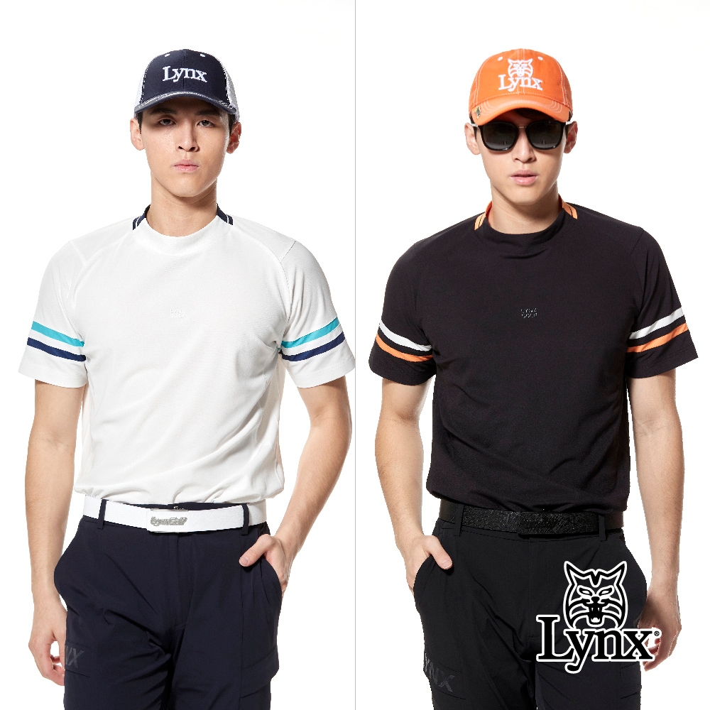 【Lynx Golf】首爾高桿風格！男款合身版吸排抗UV涼感機能素色款羅紋領造型兩袖條紋剪裁設計短袖圓領POLO衫/高爾夫球衫(二色) (白色)
