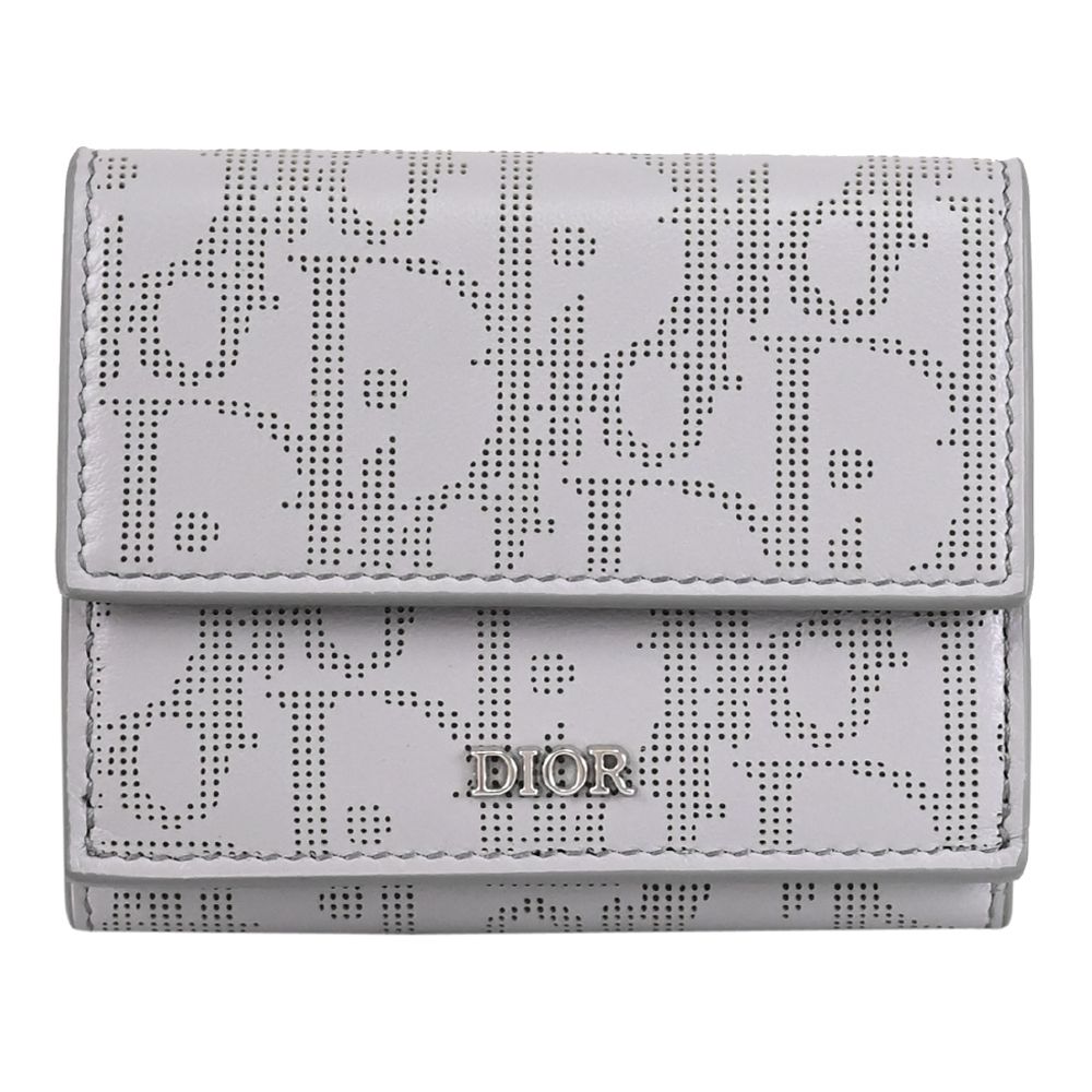 Christian Dior TRIFOLD 雷射LOGO小牛皮三折扣式短夾(淺灰)