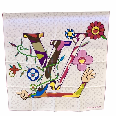 LOUIS VUITTON路易威登 LV Louis Vuitton x MURAKAMI M96097 村上隆聯名款花卉LV LOGO白彩絲巾(90*90CM)