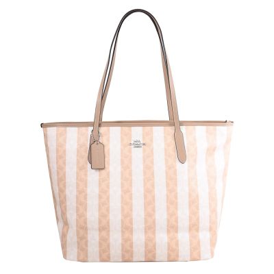 COACH City 馬車LOGO條紋印花肩背大托特包(褐)