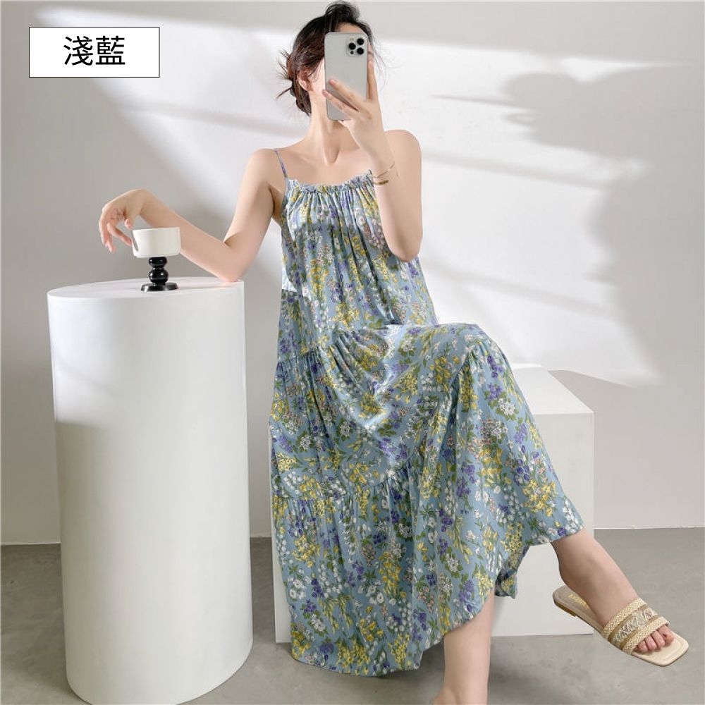 Sleeping Beauty 清涼微風細肩帶居家睡裙-6色可選 (淺藍)