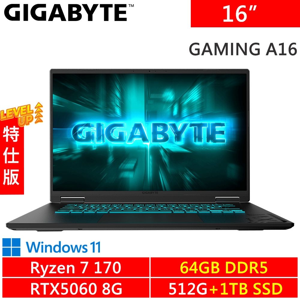 技嘉 GAMING A16 5VHP3TW893SH-SP8 16吋 黑(AMD Ryzen 7 170/64G DDR5/512G +1TB SSD/RTX5060 8G/W11)特仕機