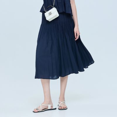ILEY伊蕾 優雅素色壓摺中長裙(深藍；M-XL)
