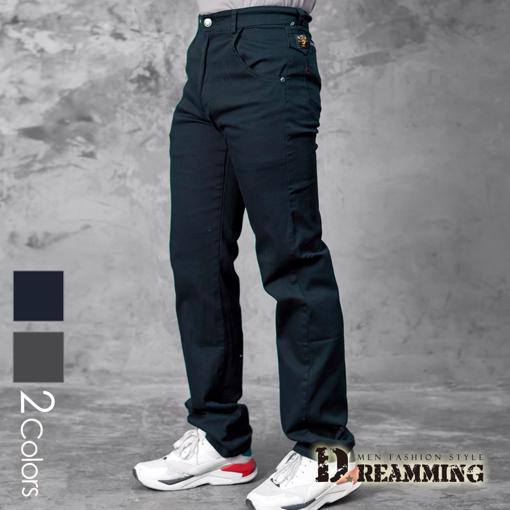 Dreamming 布標率性素面伸縮中直筒休閒長褲-共二色 (深藍)
