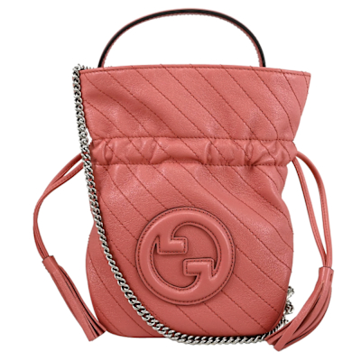 GUCCI Blondie Mini 雙G LOGO車線皮革兩用水桶/鏈帶包(粉)