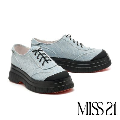 厚底鞋 MISS 21 復古小帥氣丹寧帆布拼接綁帶厚底鞋-藍