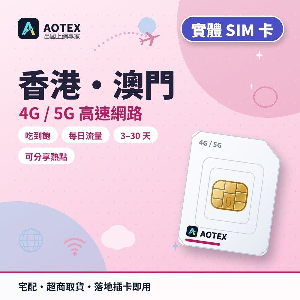 AOTEX】港澳上網卡20天每日3GB高速流量4G/5G高速上網SIM卡香港上網卡