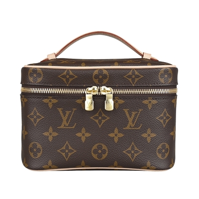 LOUIS VUITTON路易威登 LV M44495 Nice Mini內標壓印LOGO Monogram帆布拉鍊手提化妝箱(咖啡)
