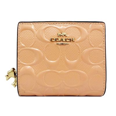 COACH 漆皮字母C拉鍊零錢袋鈔票短夾(粉橘)