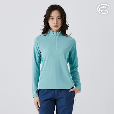 ADISI 女UPF50+防曬抑菌半門襟長袖排汗衣 AL2511023 湖綠 (S-XL)｜抗UV 吸濕排汗 防臭 彈性 排汗衣