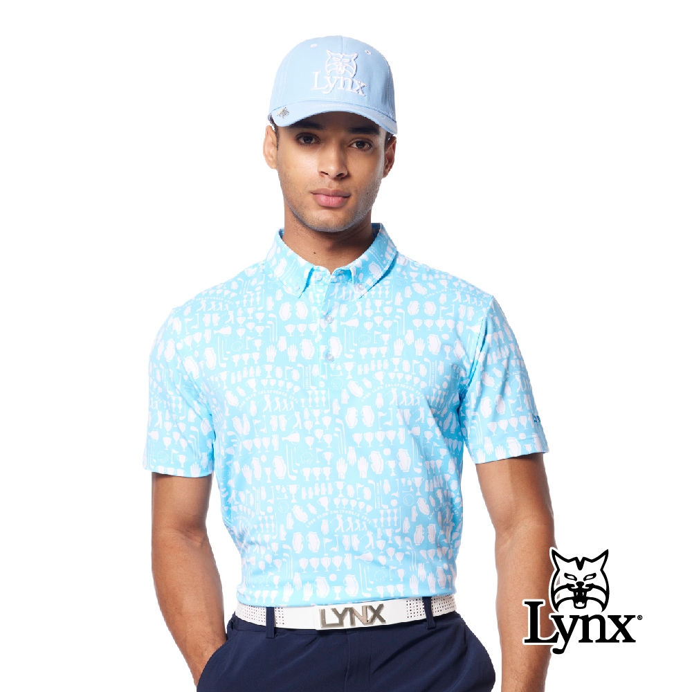 【Lynx Golf】男款吸濕排汗機能滿版高爾夫GOLF左臂繡花領尖扣造型短袖POLO衫/高爾夫球衫-水藍色 (水藍色)