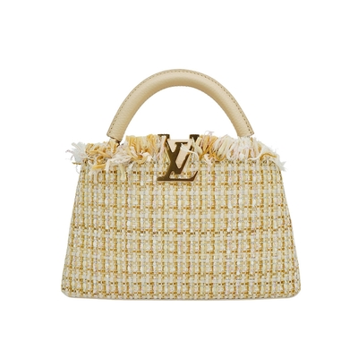 LOUIS VUITTON路易威登 Louis Vuitton LV 路易威登 展示品 Capucines BB 花呢布拼牛皮手提斜背包(M22181-米/黃)