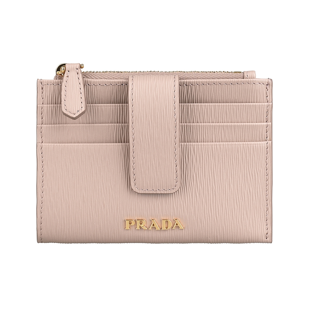 PRADA Vitello Move立體字母LOGO水波紋設計牛皮3卡拉鍊按釦式零錢包(藕粉)