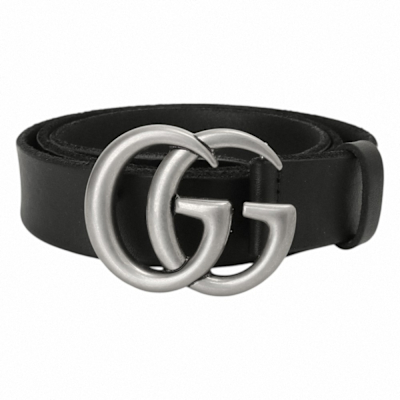 GUCCI-金屬銀雙G LOGO 牛皮革男版皮帶(黑)100cm