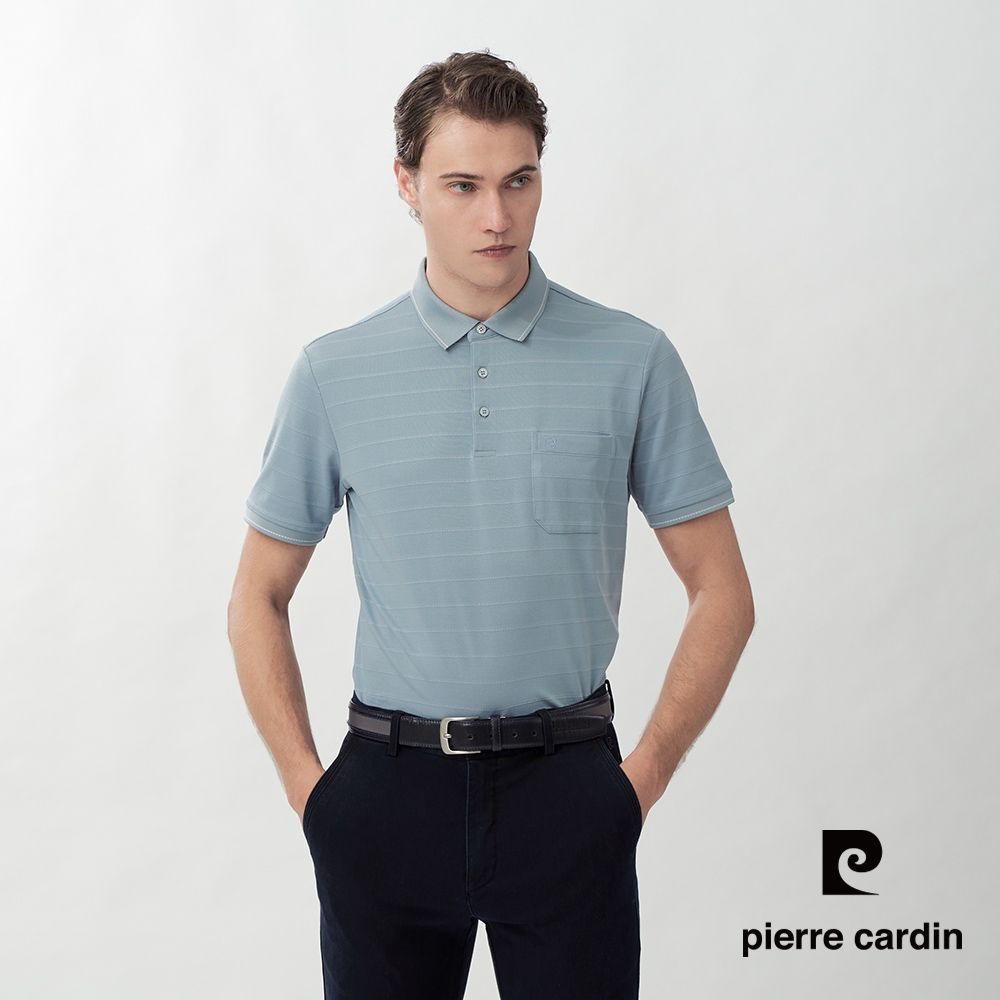 pierre cardin 皮爾卡登 休閒服飾 男款 領袖滾邊細條紋短袖POLO衫-藍色(5267271-37)