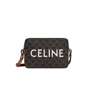 CELINE 經典Triomphe 標誌印花帆布雙拉鍊郵差包/相機包(棕褐色)