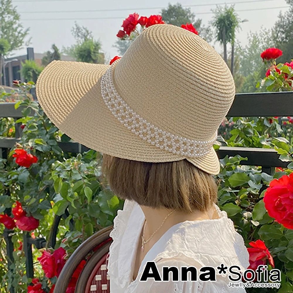 【AnnaSofia】遮陽帽防曬帽淑女帽網美渡假草帽海灘帽漁夫帽-名媛珠織帶 現貨(杏系)