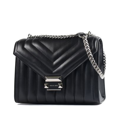 MICHAEL KORS WHITNEY 絎縫皮革翻蓋磁釦肩背/斜背二用包-銀釦黑/中
