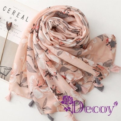 Decoy 雅緻柔情 花朵圖飾流蘇披肩圍巾 粉灰