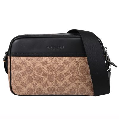 COACH 經典烙印LOGO印花雙層拉鍊斜背包(駝/黑)