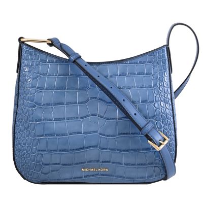 MICHAEL KORS KENSINGTON 浮雕LOGO鱷魚壓紋斜背包(藍)