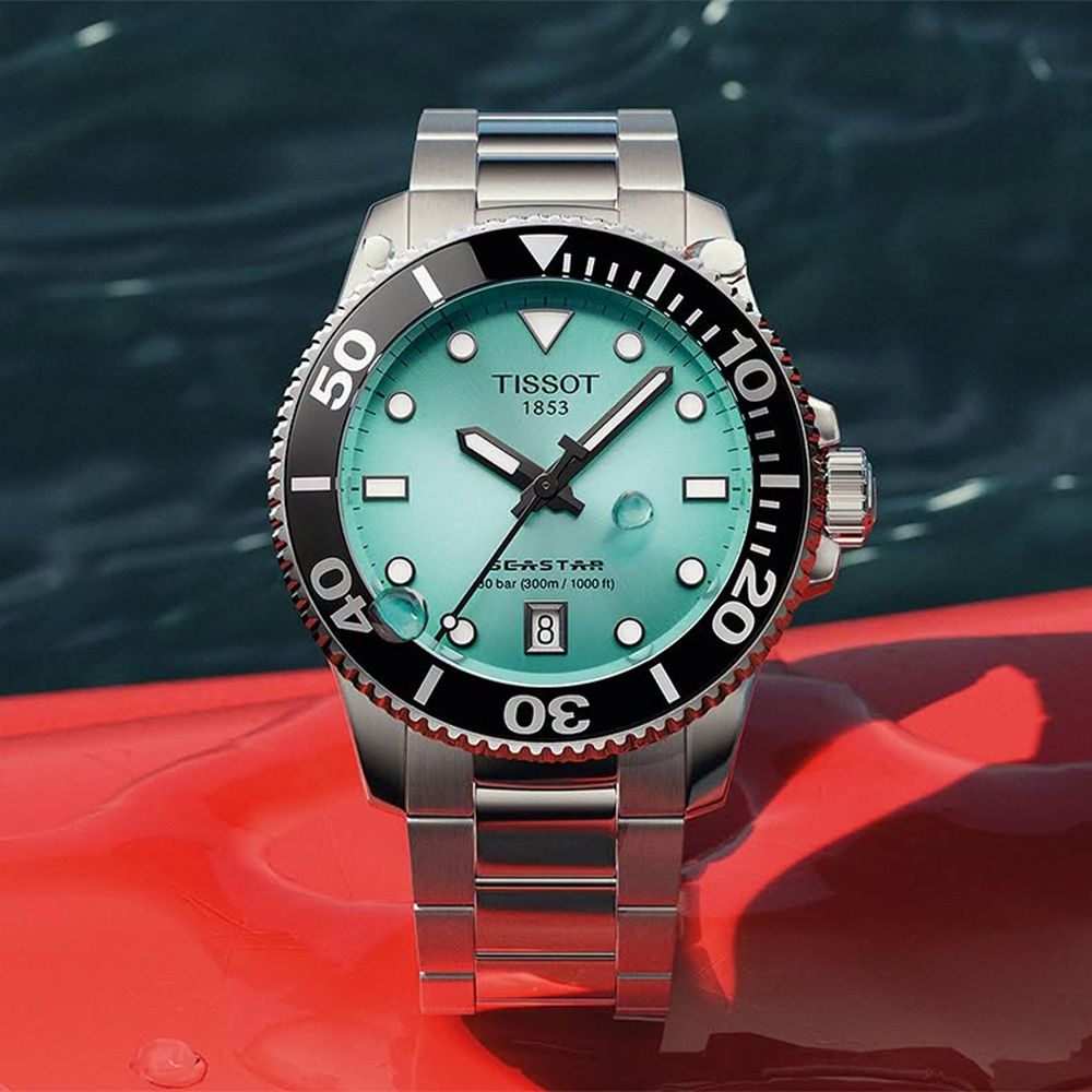 TISSOT 天梭 官方授權 Seastar 1000 T120.210.11.091.00 海洋之星300米潛水女錶 開學購物季 送禮首選-綠松石色/36mm T1202101109100