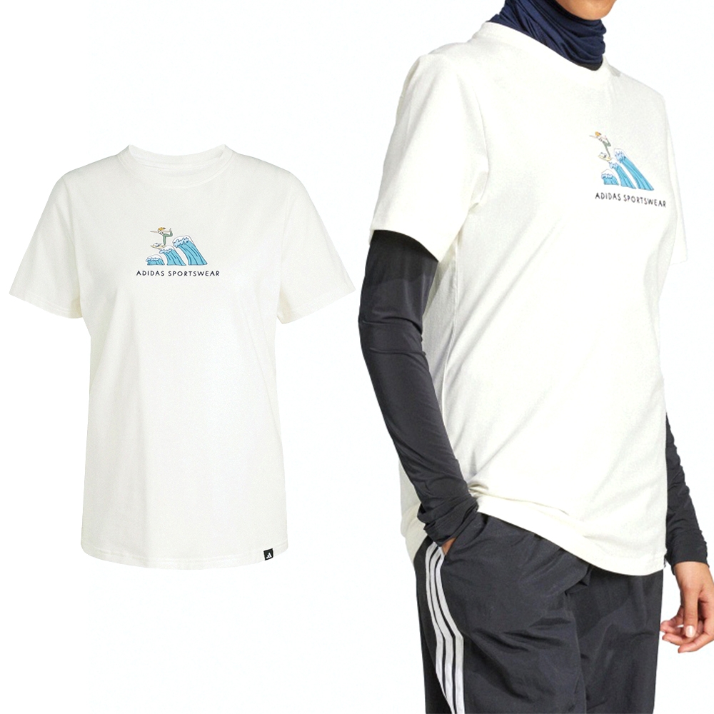 Adidas Codes Doodle Surf 女款白色三葉草愛迪達電繡圓領運動休閒短袖