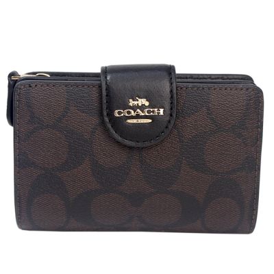 COACH 立體馬車緹花LOGO防刮釦式中夾-深咖黑