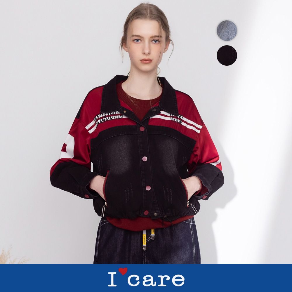 現貨【I'care 依卡】美式街頭率性拼接牛仔外套 - 2色（F）｜牛仔外套 女休閒外套 短版夾克 (黑)