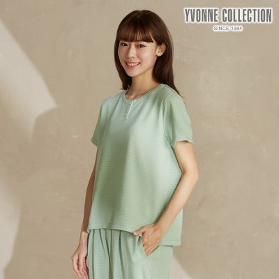 YVONNE 以旺傢飾 凸條提花半開襟短袖上衣-草原綠